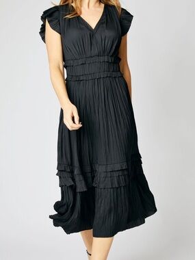 Current Air Black Pleated Ruffle Midi Dress